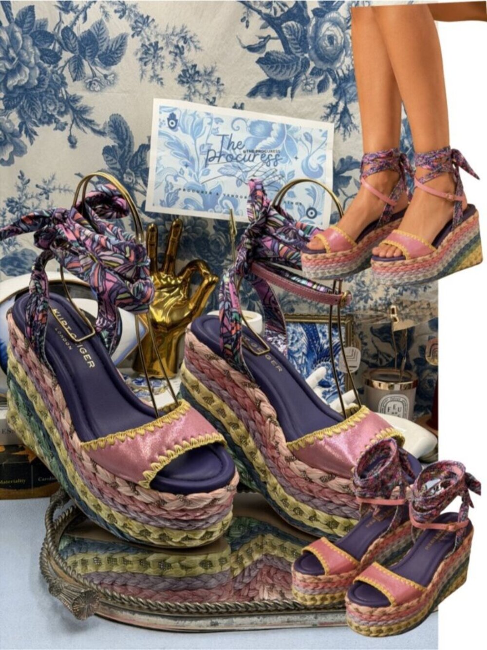 🆕 KURT GEIGER LONDON 🧿 NWOB Chelsea Scarf Wedge Heel, Pink Multi - Sz 38 US7.5